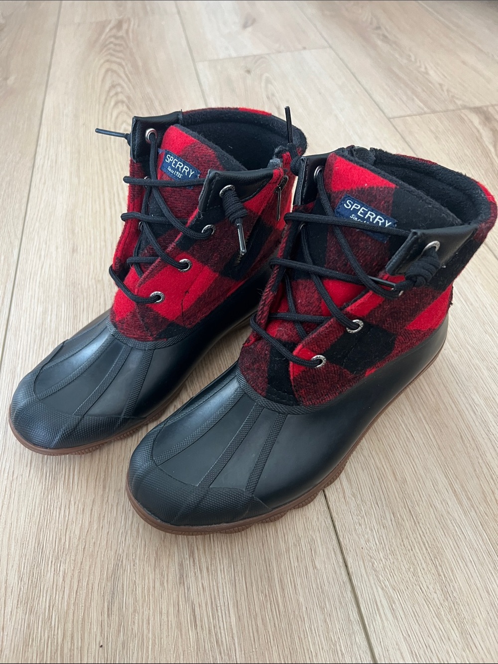 Sperry Red & Black Plaid Waterproof Duck Boots